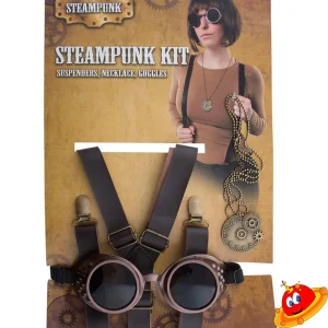 ⚙️ Kit Accessori Steampunk 3-in-1: Bretelle, Collana e Occhiali (Goggles) 🕰️
