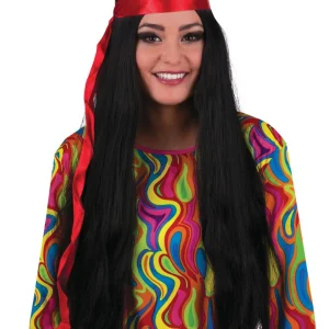 ✌️ Parrucca Nera Lunga e Liscia con Fascia Rossa - Accessorio Costume Hippie/Disco Anni '70 ☮️